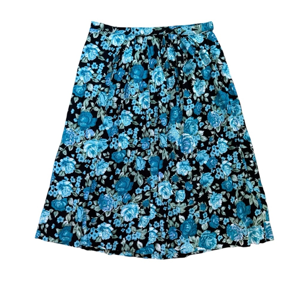 Vintage Handmade Black and Blue Floral Rayon Midi‎ Skirt XS